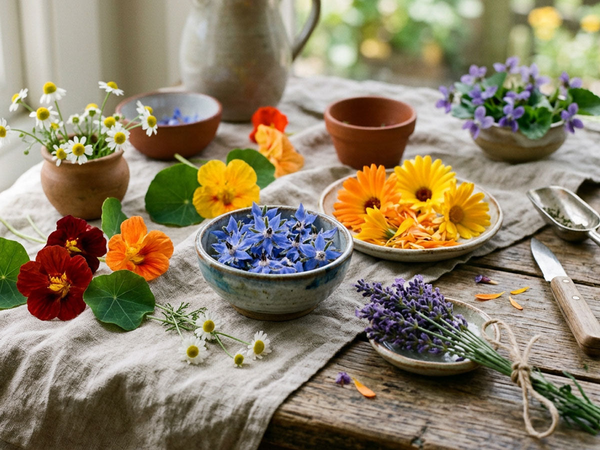 Eetbare bloemen en bloeiende kruiden
