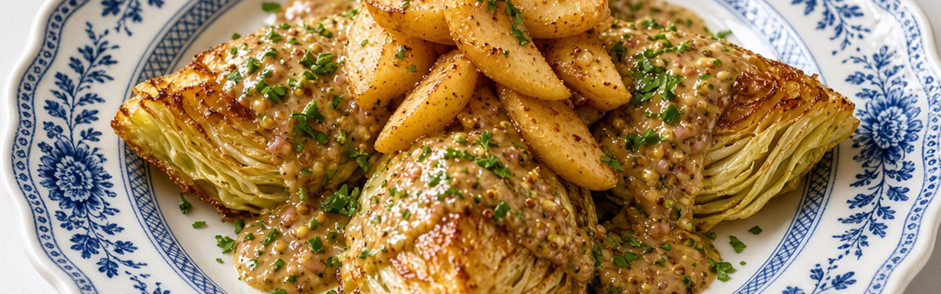 Gebakken spitskool met mosterd-botersaus en appel