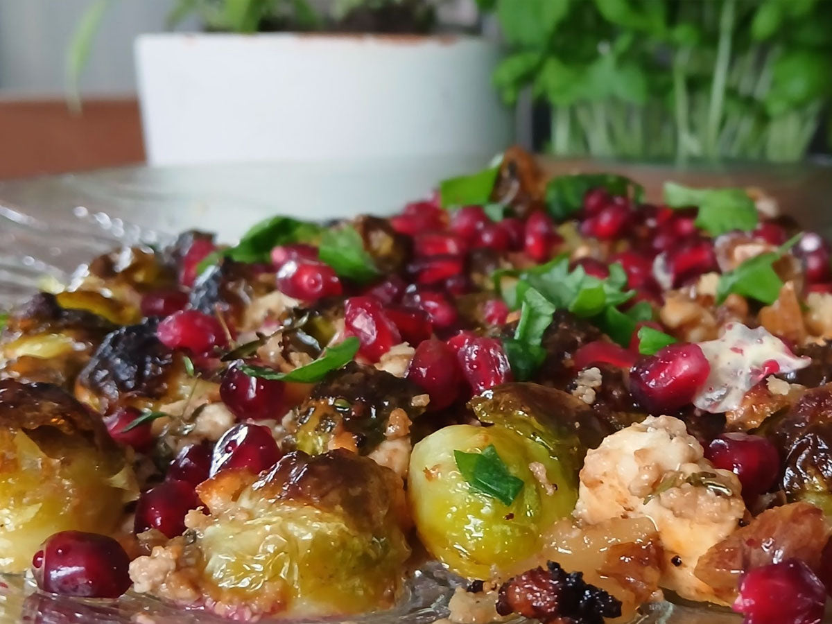 Geroosterde spruiten met hazelnoten en geitenkaas