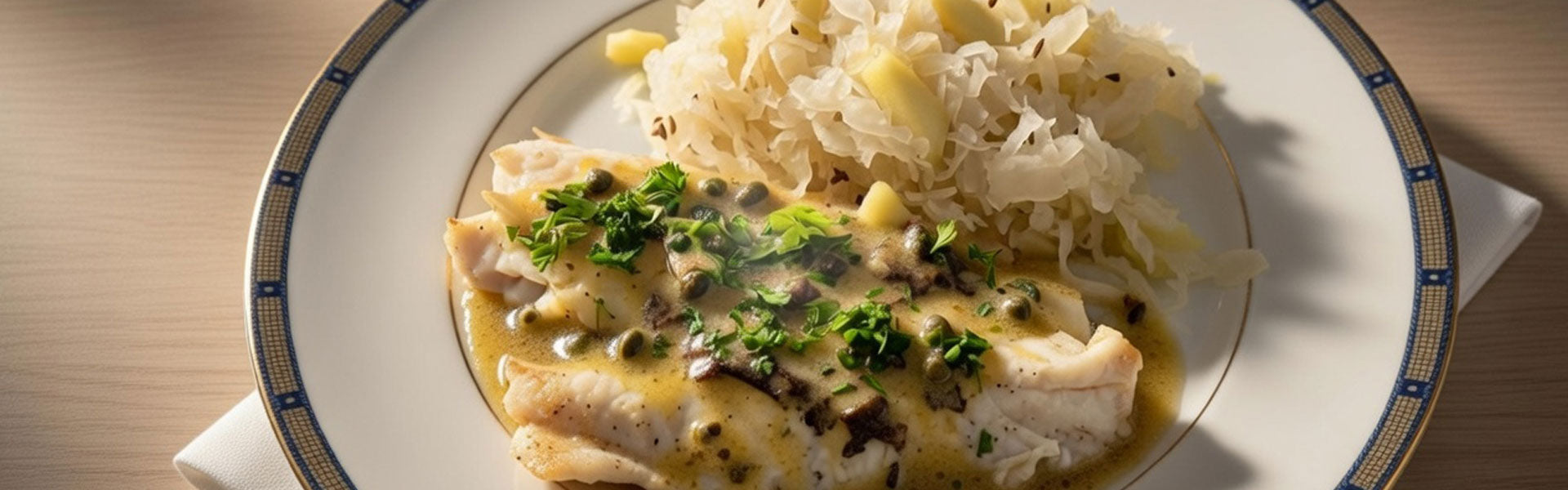 Roodbaars met zuurkool, appel & mosterdboter